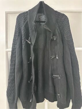 Parish Nation Men’s Large Black Cable Knit Toggle Zip Cardigan Sweater Y2K